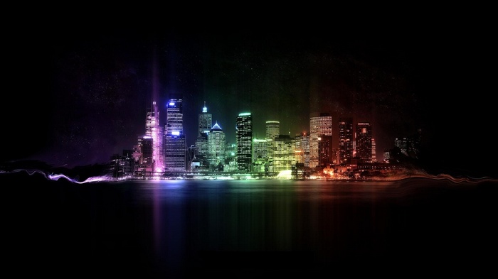 Colorful cityscape at night with neon lights