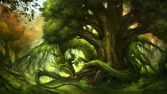A green dragon entwined with a large tree in a forest with a deer