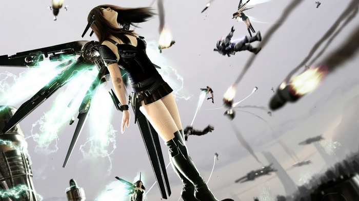 Cyborg woman with mechanical wings in a battle