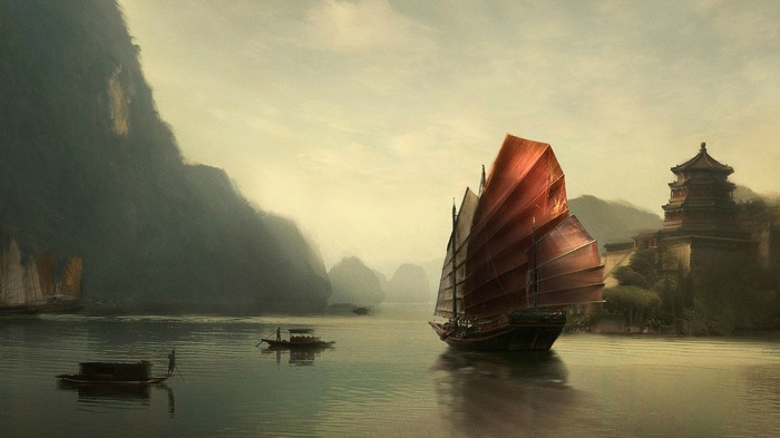 Painting of a Chinese junk ship near mountains and a temple