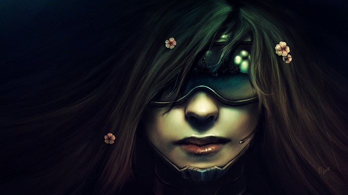 Cyberpunk woman with flowers in her hair and futuristic glasses