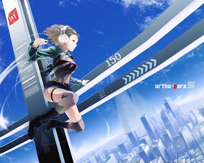 Anime girl with headphones jumping over city