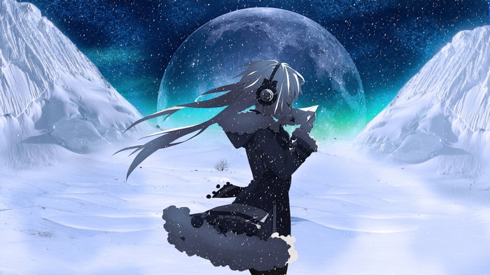 Anime girl with headphones in a snowy landscape under the moon