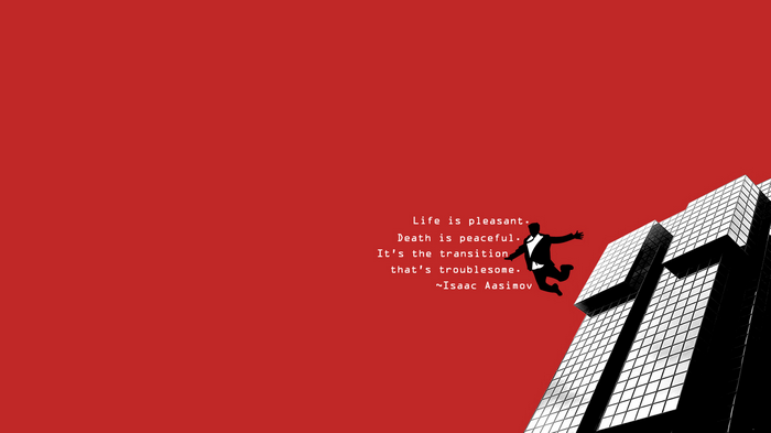 Isaac Asimov Quote on Red Background with Building