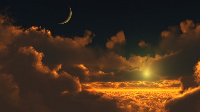 Crescent Moon and Sun over Clouds at Sunset