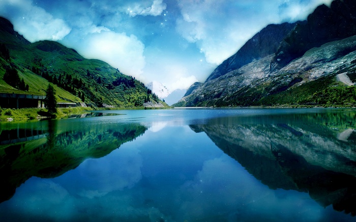 Digital art of a lake reflecting mountains and sky
