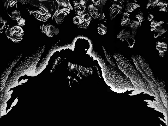 Guts surrounded by demonic faces in Berserk