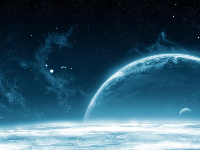 Blue planet in deep space with stars and nebulae