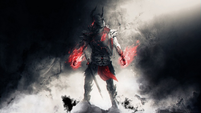 Warrior with fiery hands and sword