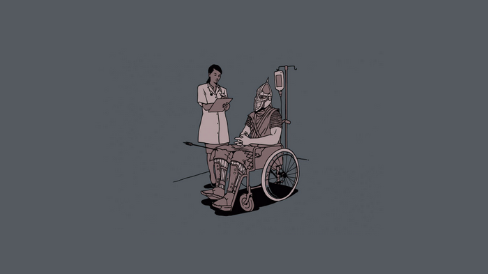 Elder Scrolls V: Skyrim warrior in wheelchair with nurse