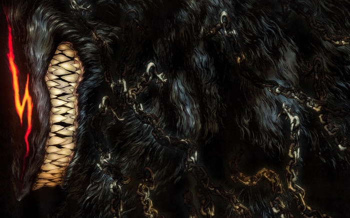 Berserk creature with glowing eyes and chains