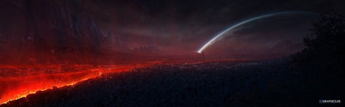 Apocalyptic digital art of a planet with lava and a glowing arc