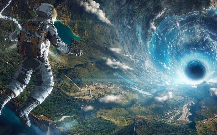Astronaut near a wormhole with a planet below