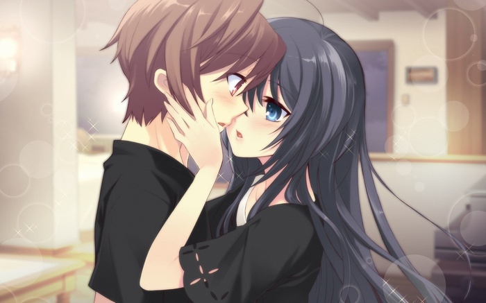 Anime couple kissing in a room