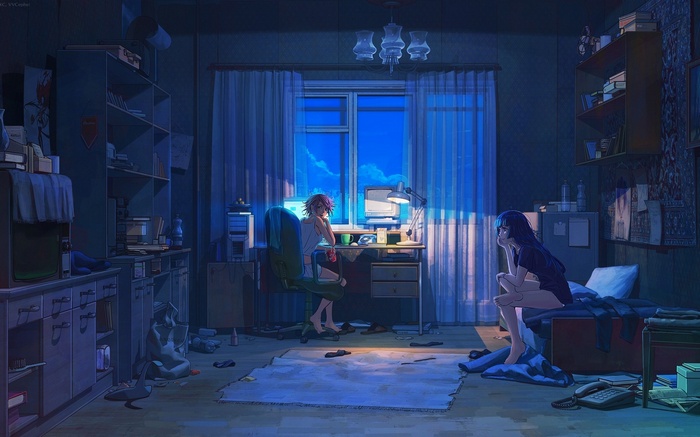 Anime girls in a room at night with a computer