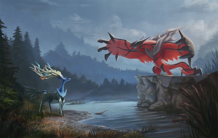 Pokémon: Xerneas and Yveltal in a Misty Forest