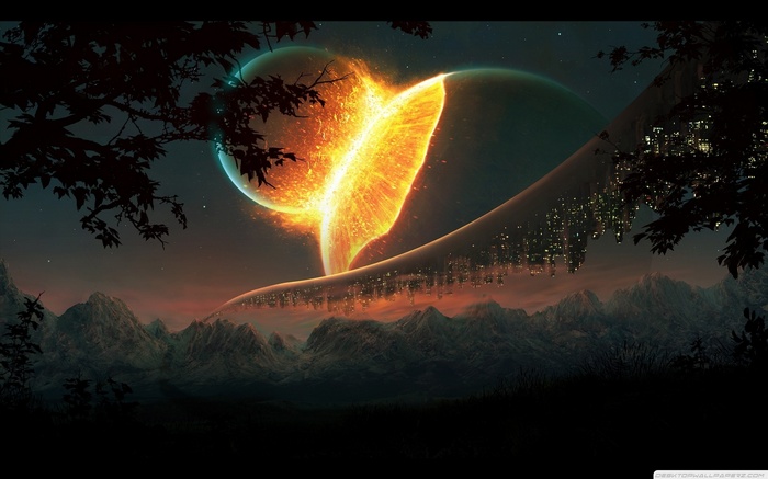Apocalyptic planet collision with futuristic city