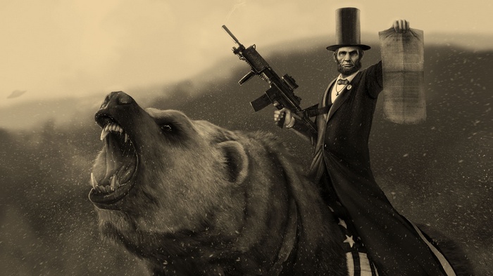 Abraham Lincoln riding a bear with a rifle