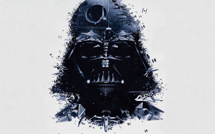 Darth Vader collage with Star Wars ships and Death Star