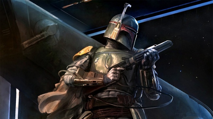 Boba Fett holding a rifle in Star Wars artwork