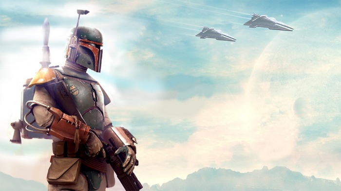 Boba Fett and Star Wars ships in the sky