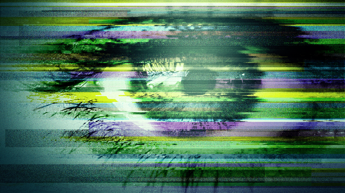 Glitch art eye with colorful horizontal lines