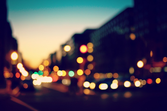 Bokeh city lights at dusk