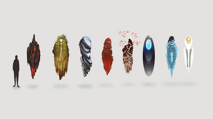 Futuristic elemental monoliths in digital art