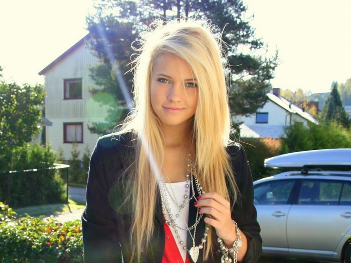women outdoors blonde long hair Emilie Marie Nereng smiling vest urban straight hair looking at viewer jacket women