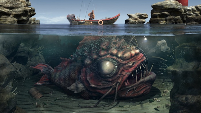 Duke Nukem fishing with a monster fish underwater