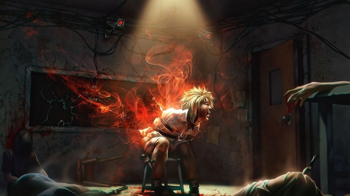 Uzumaki Naruto bound and engulfed in flames