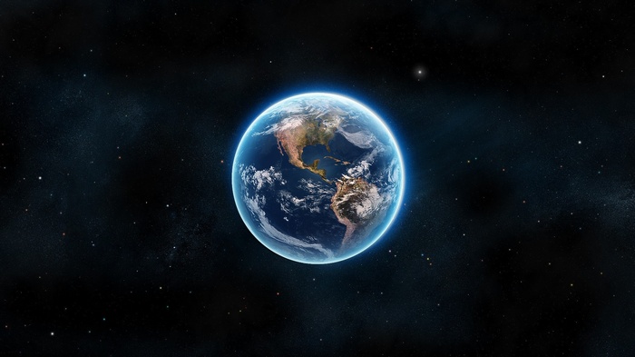 Earth in space with stars and nebulae