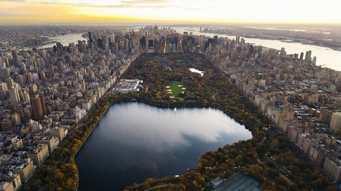 Aerial view of Central Park and New York City skyline