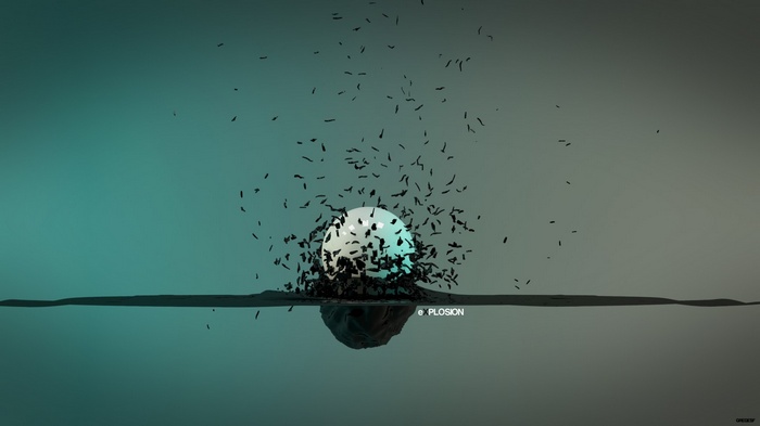 Abstract sphere exploding into fragments over water