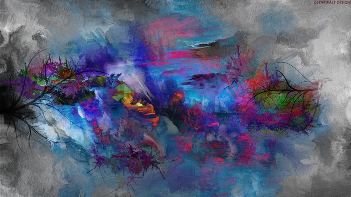 Abstract painting with colorful brushstrokes and branches