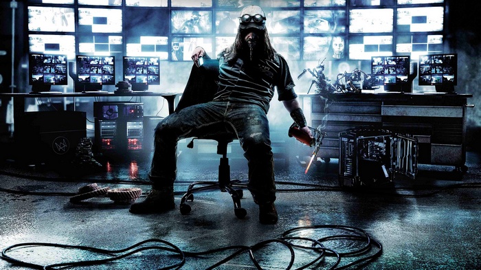 Watch Dogs hacker in a surveillance room