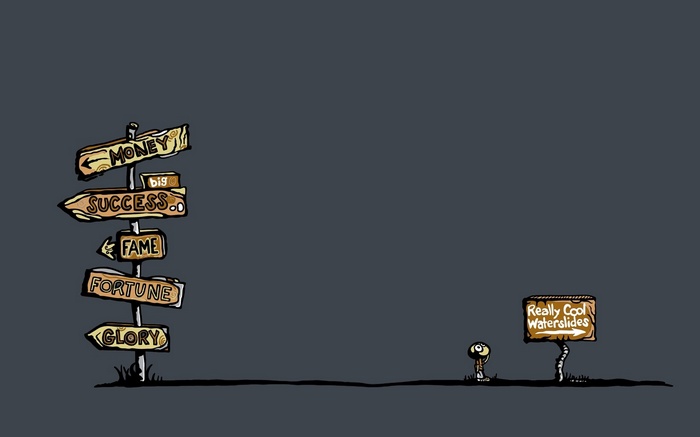 Signpost pointing to Money, Success, Fame, Fortune, Glory, and Waterslides