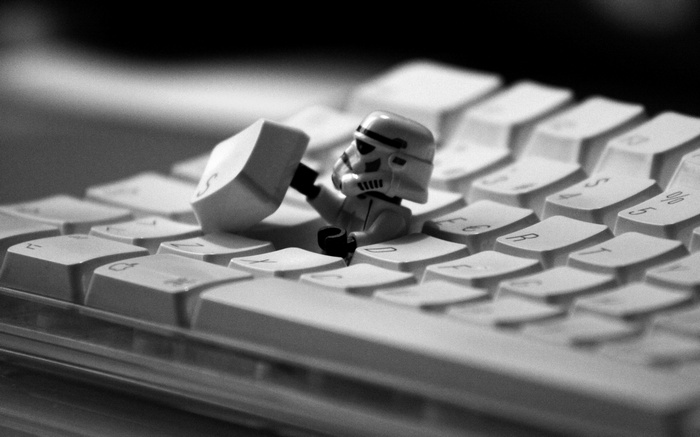 LEGO Stormtrooper smashing a keyboard key