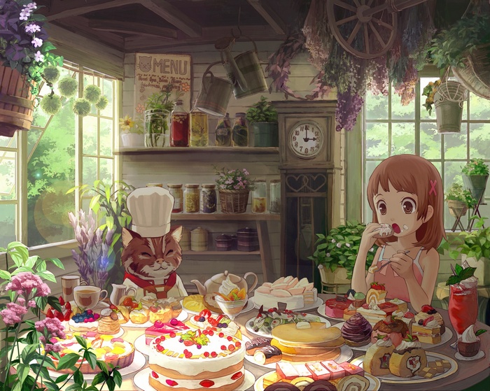 Tea Clocks Anime Cake Food Pastries Anime Girls Cat