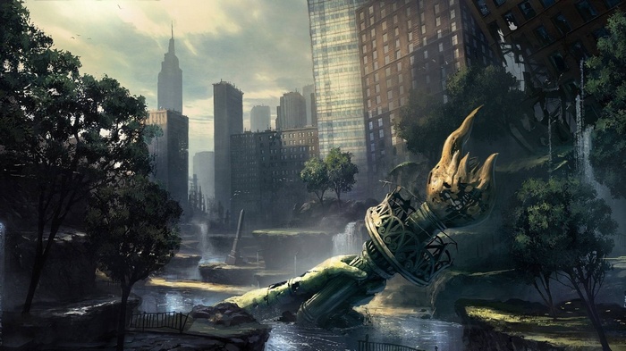 Apocalyptic New York City with Statue of Liberty's hand