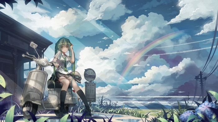 Anime girl with green hair on a scooter under a rainbow