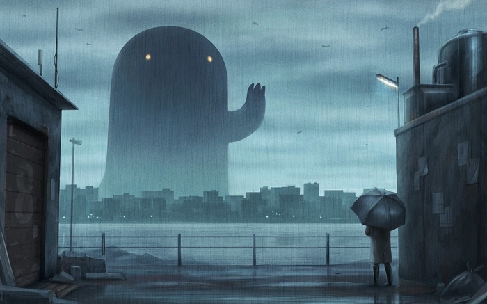 Landscape Creature City Anime Artwork Umbrella Rain Cityscape