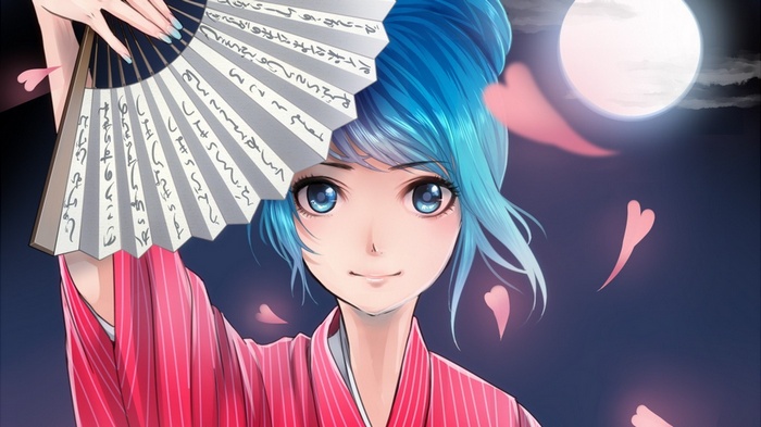 Anime girl with blue hair holding a fan