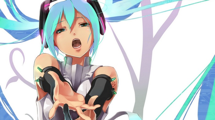Hatsune Miku singing with blue twintails and headphones