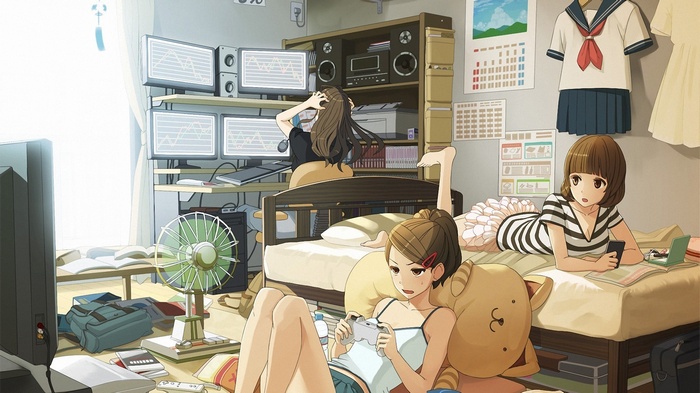 Anime girls playing video games in a cluttered bedroom