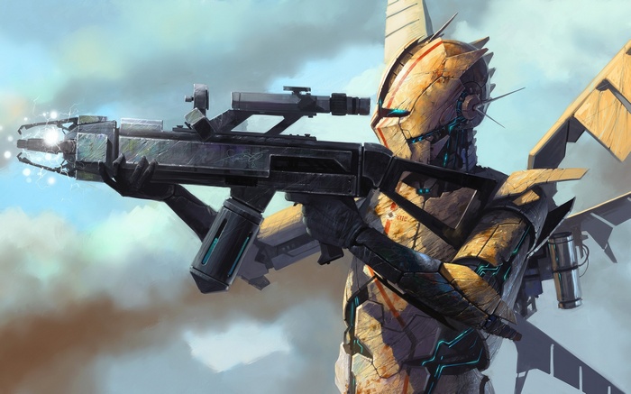 Robot holding a futuristic weapon with scope