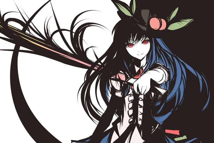 Hinanawi Tenshi with black hair and red eyes