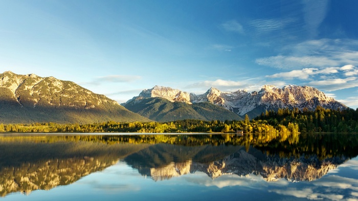 Lake and mountains reflecting in the water under a blue sky