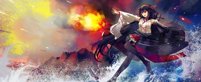 Haruna (KanColle) firing cannons in the ocean