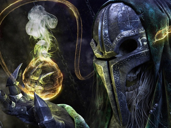 Fantasy art of a skeleton sorcerer holding a glowing orb